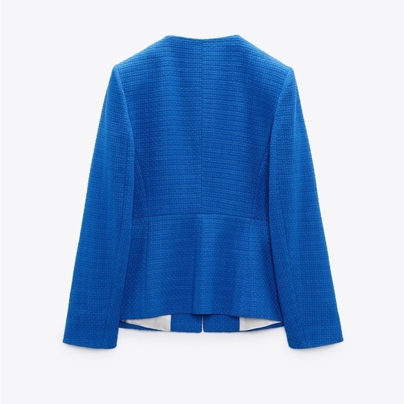 Zara Women Blue High Neck Double Breasted Textured Tailored Cotton Blazer Size M - Picture 7 of 17